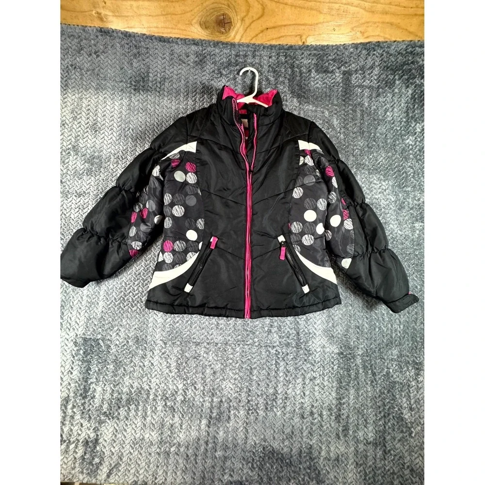 London Fog Puffer Jacket Girls Large 14-16 Black Pink Lined Polka Dots Softshell